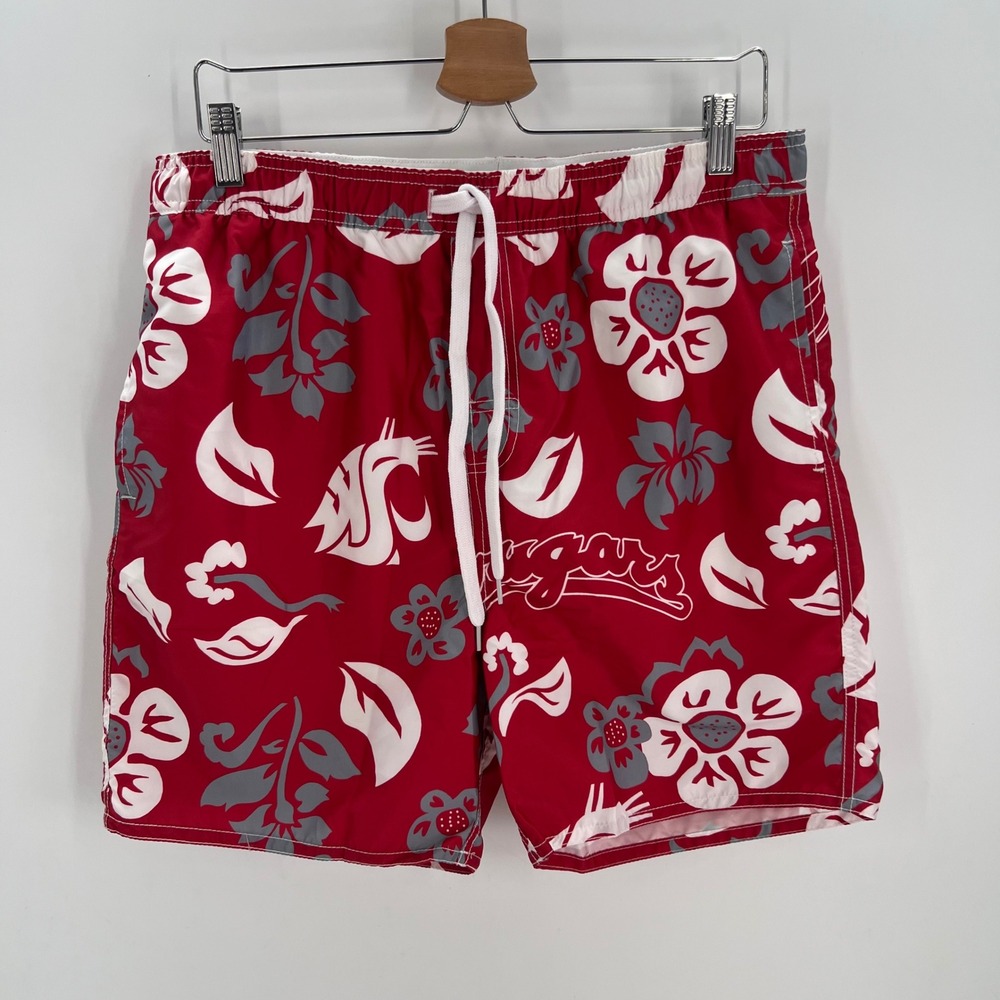 Wes and Willy Washington State Cougars Mens Floral Volley Swim Trunks Red L NEW